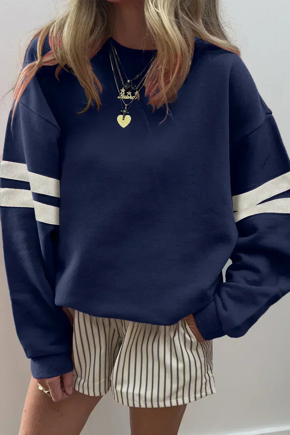 Fiery Red Striped Sleeve Loose Fit Sweatshirt - Femstylo