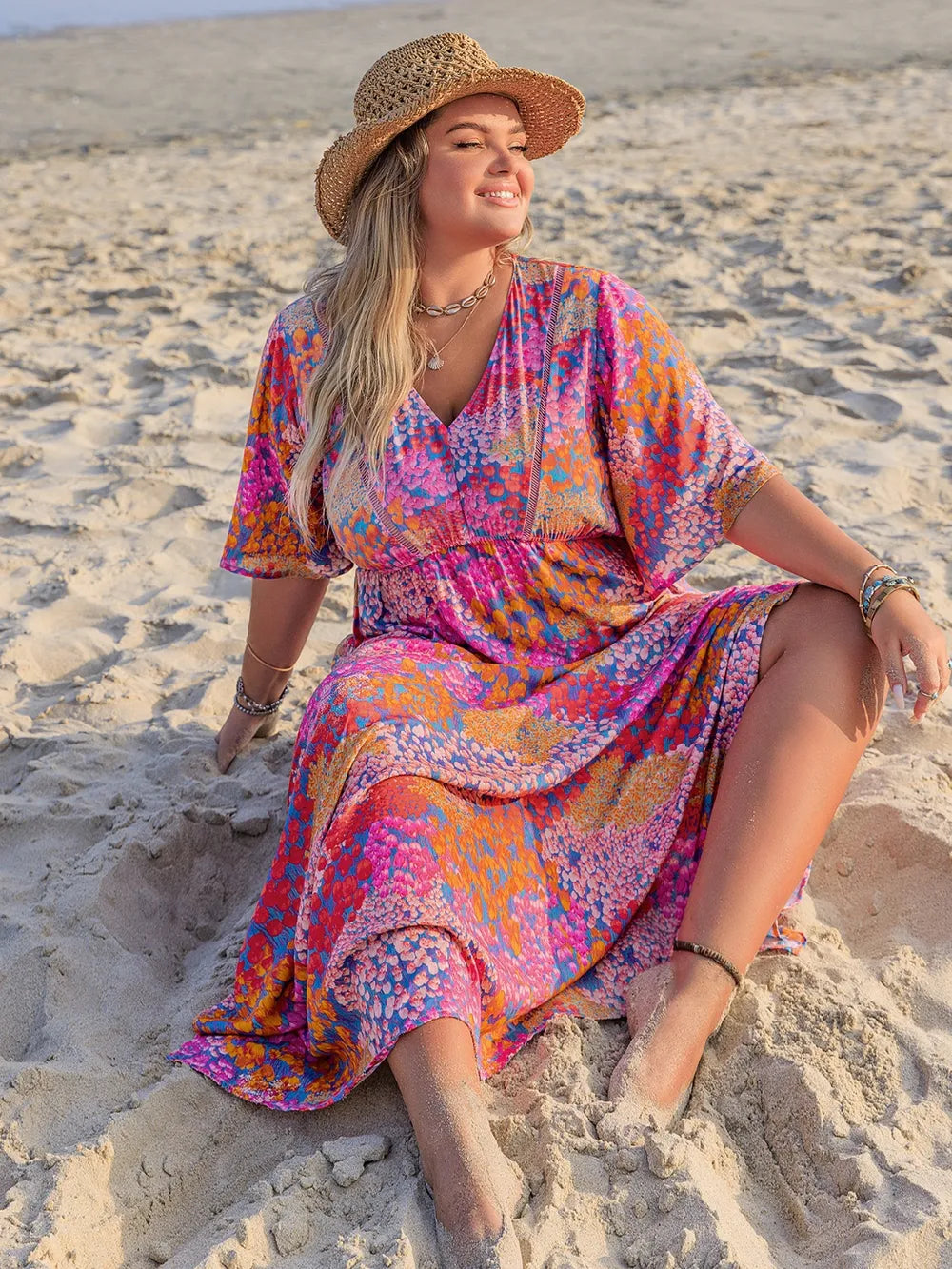 Plus Size Printed V-Neck Half Sleeve Maxi Dress For Women