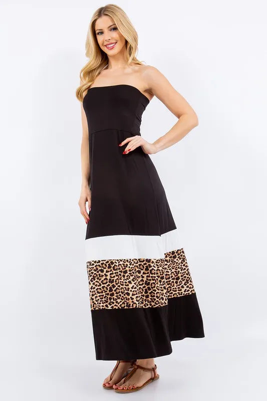 Celeste Full Size Leopard Color Block Tube Maxi Dress Plus Size