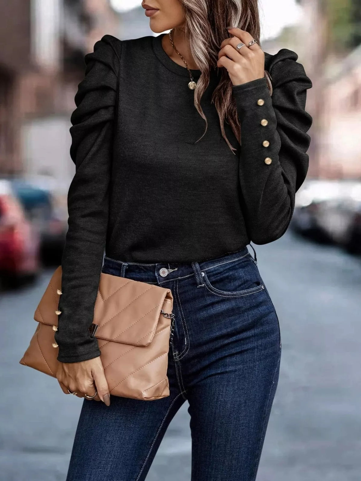 Puff Sleeve Round Neck T-Shirt