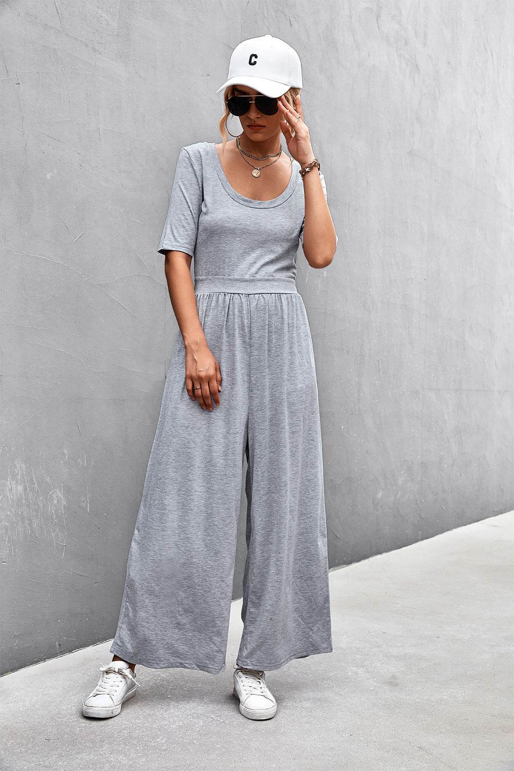 Scoop Neck Half Sleeve Wide Leg Jumpsuit