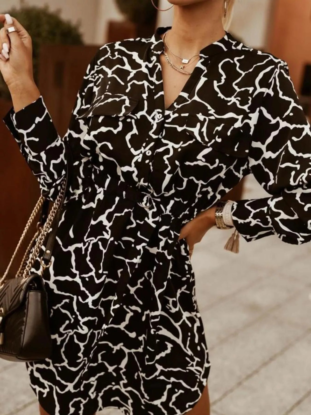 Printed Button Front Long Sleeve Dress