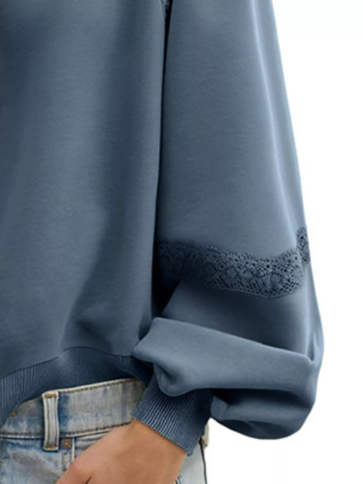 Lace Detail Notched Long Sleeve Sweatshirt