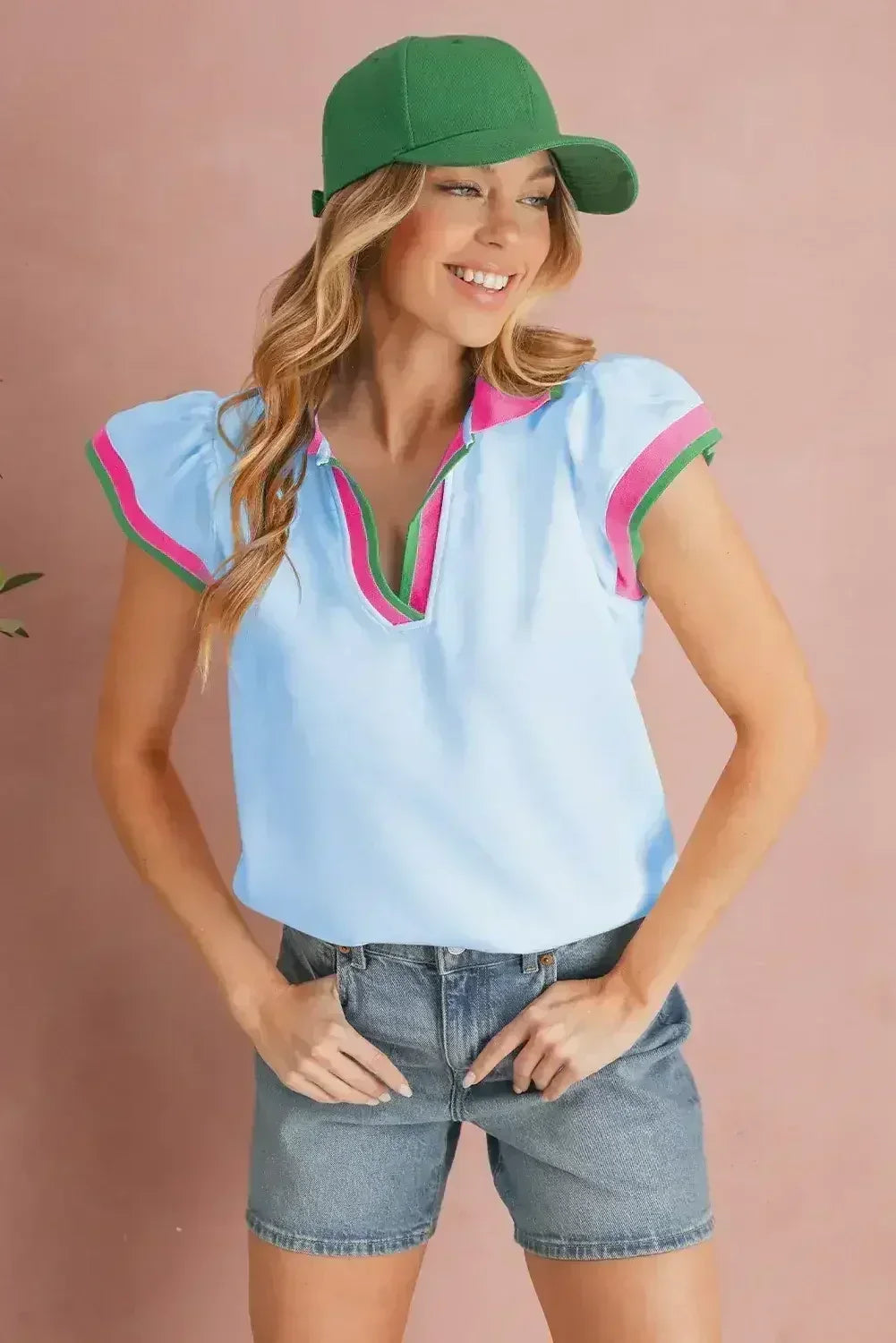 Beau Blue Color Collared V Neck Ruffle Sleeve Blouse | Femstylo