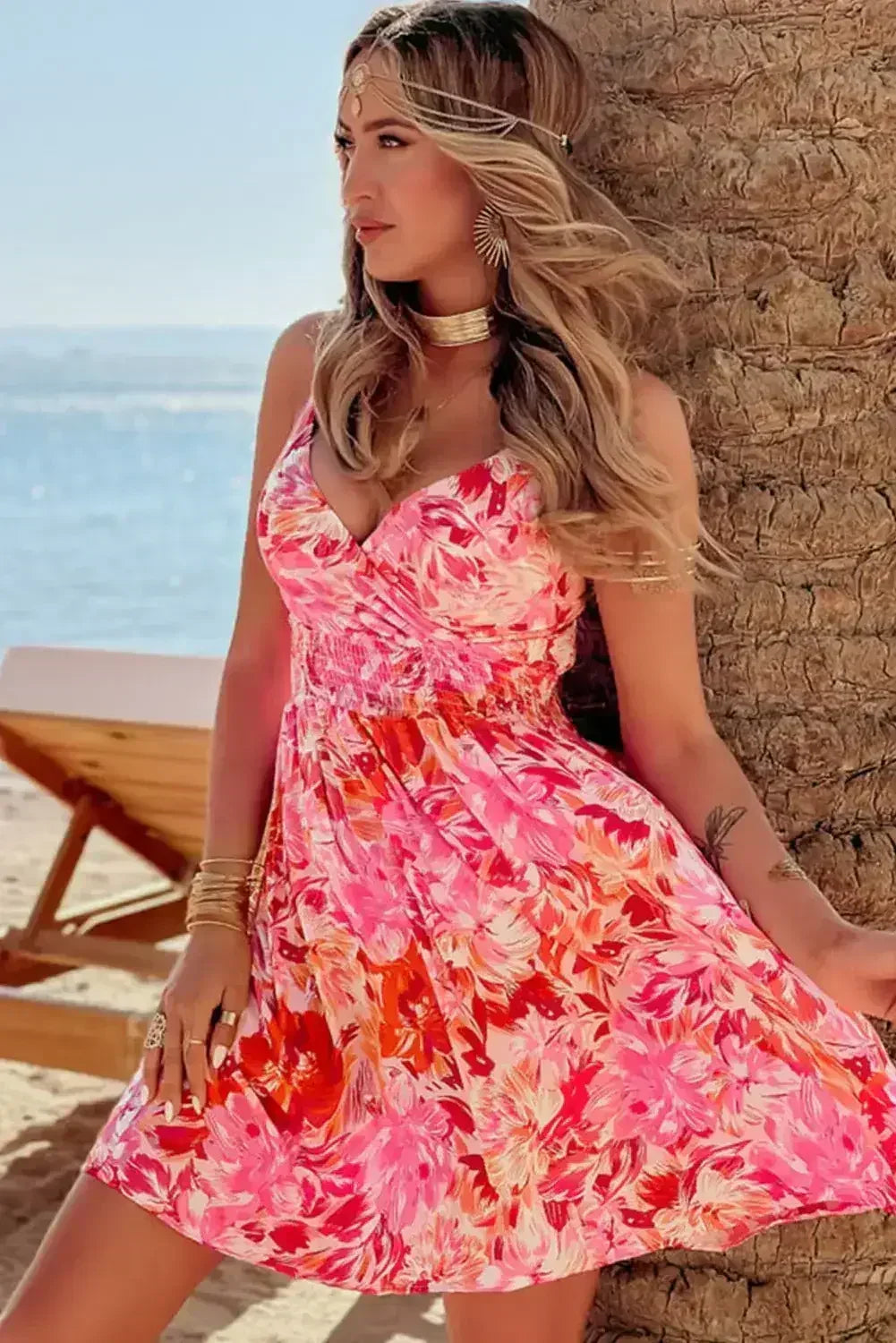 Red Floral Spaghetti Strap Surplice Neck Shirred Waist Mini Dress