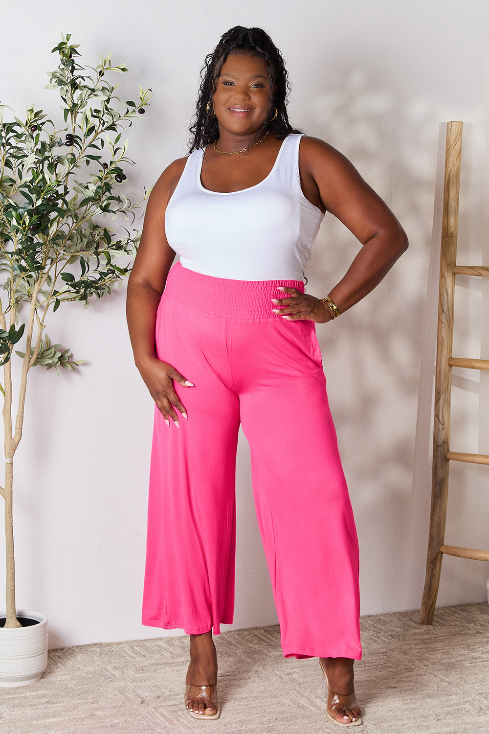 Smocked High-Waist Wide Leg Pants