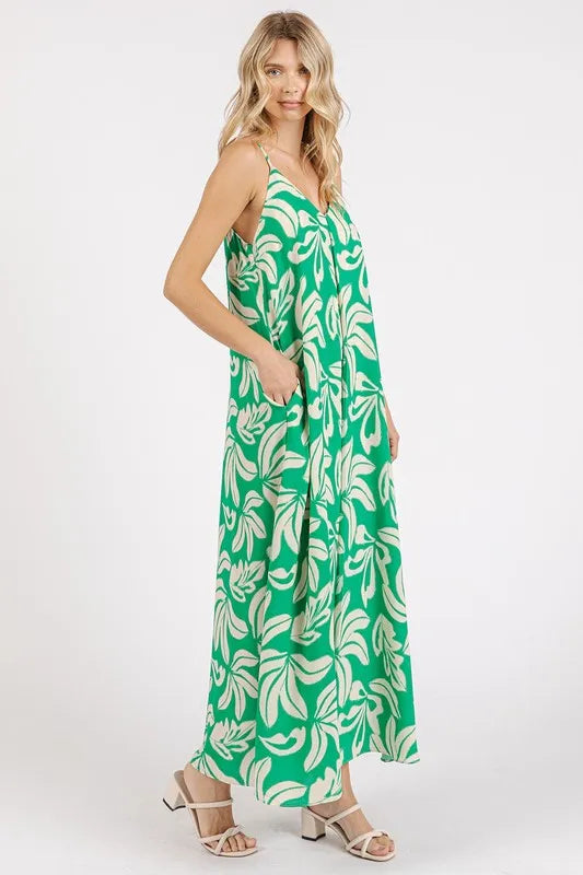 Mittoshop Printed V-Neck Maxi Cami Dress with Pockets