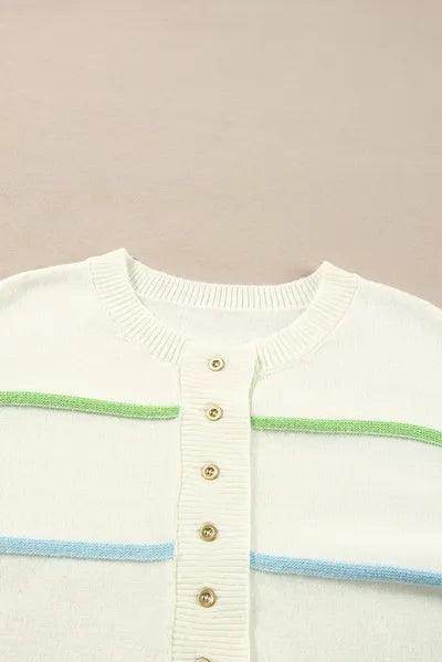 Contrast Striped Half Button Round Neck Sweater for Women