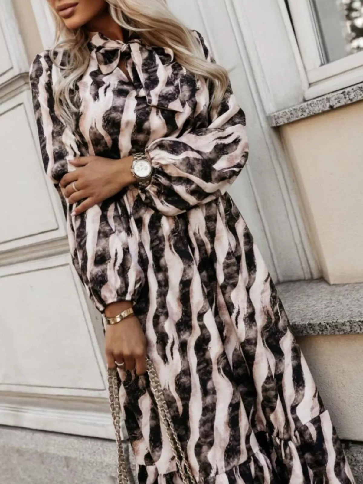 Ruffled Hem Striped Long Sleeve Dress