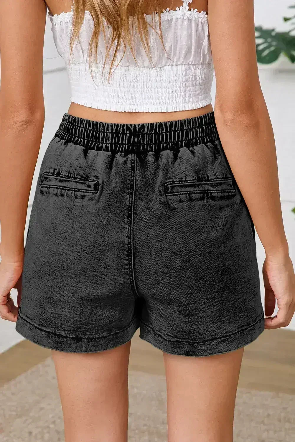 Dusk Blue Drawstring High Waist Pocketed Denim Shorts