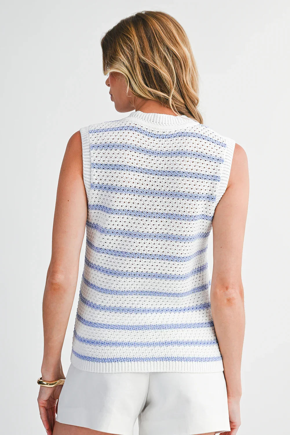 Sky Blue Striped V Neck Button Knit Vest
