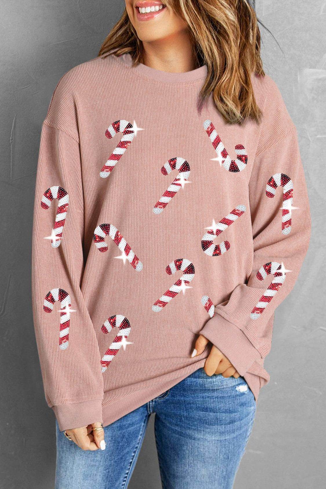 Sequin Candy Cane Round Neck Sweatshirt for Women