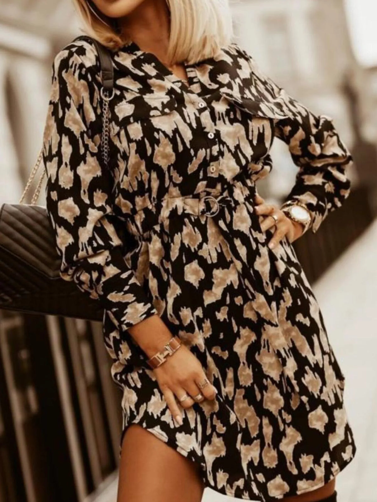 Printed Button Front Long Sleeve Dress