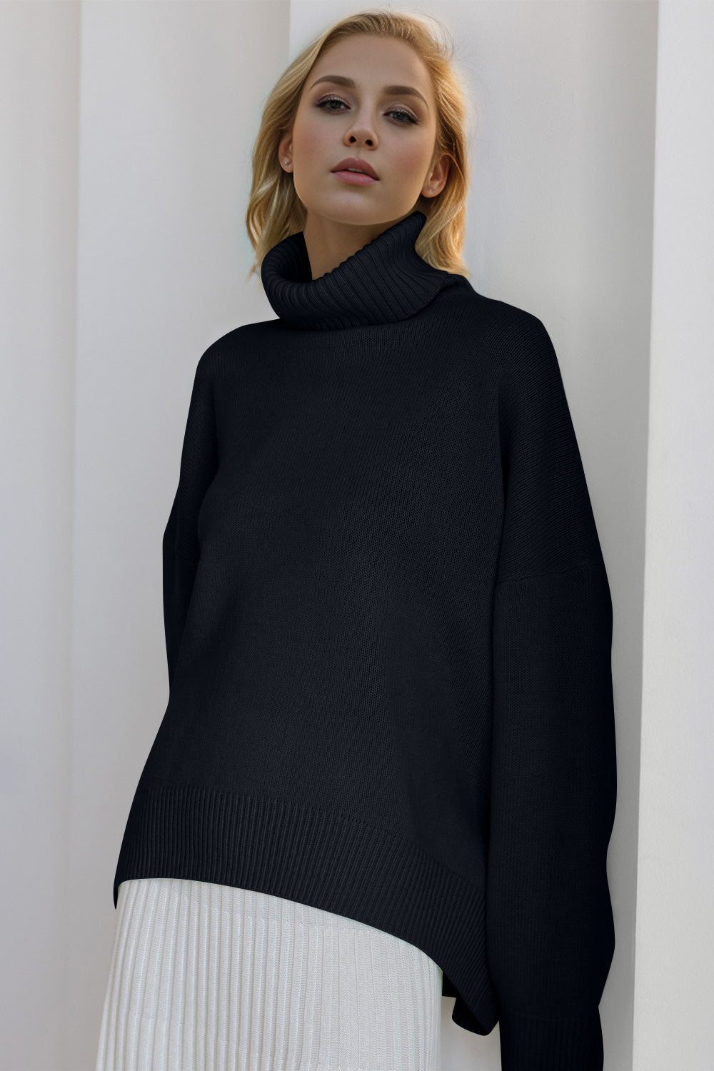 Back To School Sweater - Basic Bae Turtleneck Dropped Shoulder Long Sleeve Sweater