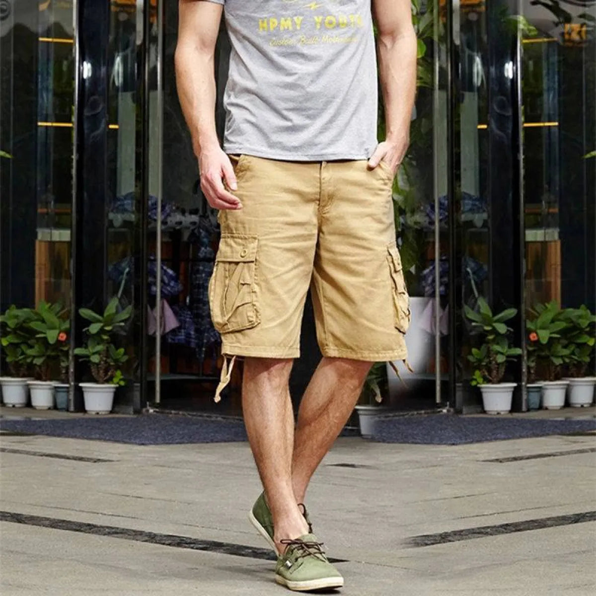 Patterned Button Cotton Cargo Trousers Shorts