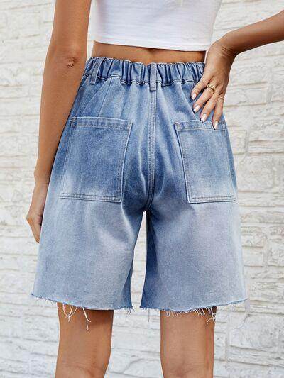 Buttoned Raw Hem Denim Shorts with Pockets for Women