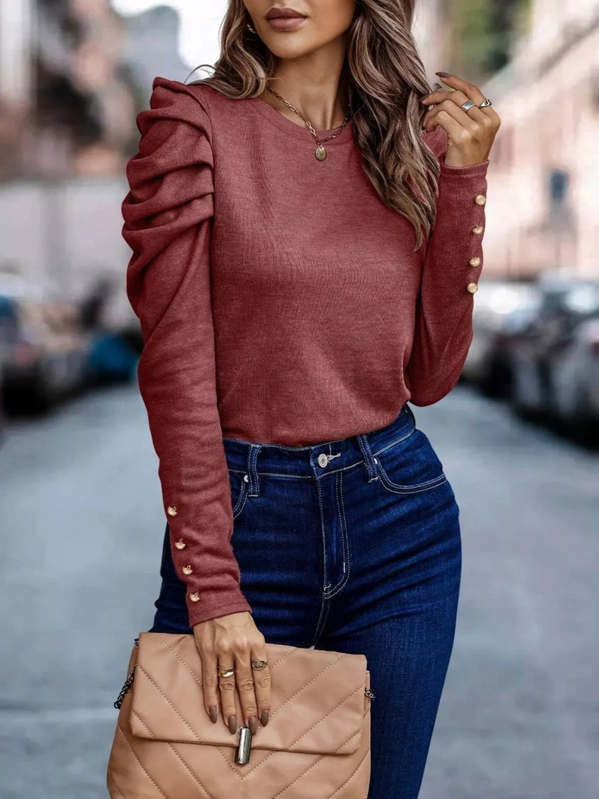 Puff Sleeve Round Neck T-Shirt