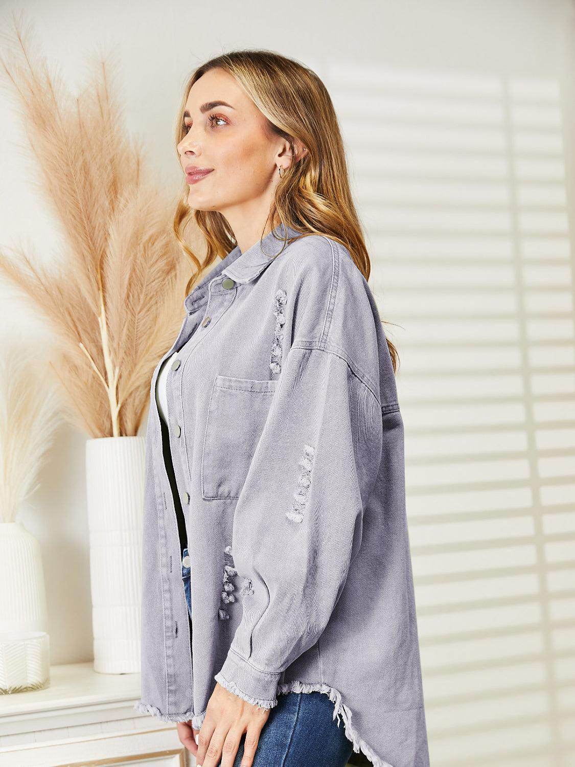 Distressed Raw Hem Denim Jacket for Relaxed Fit Style