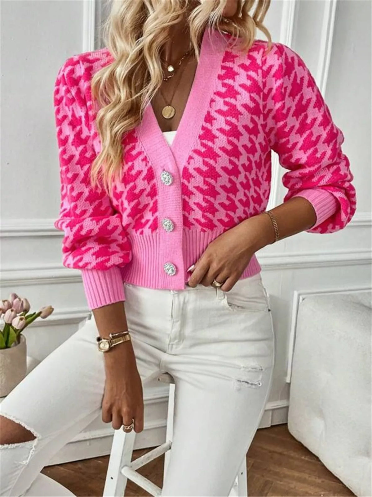 Houndstooth V-Neck Button Up Cardigan