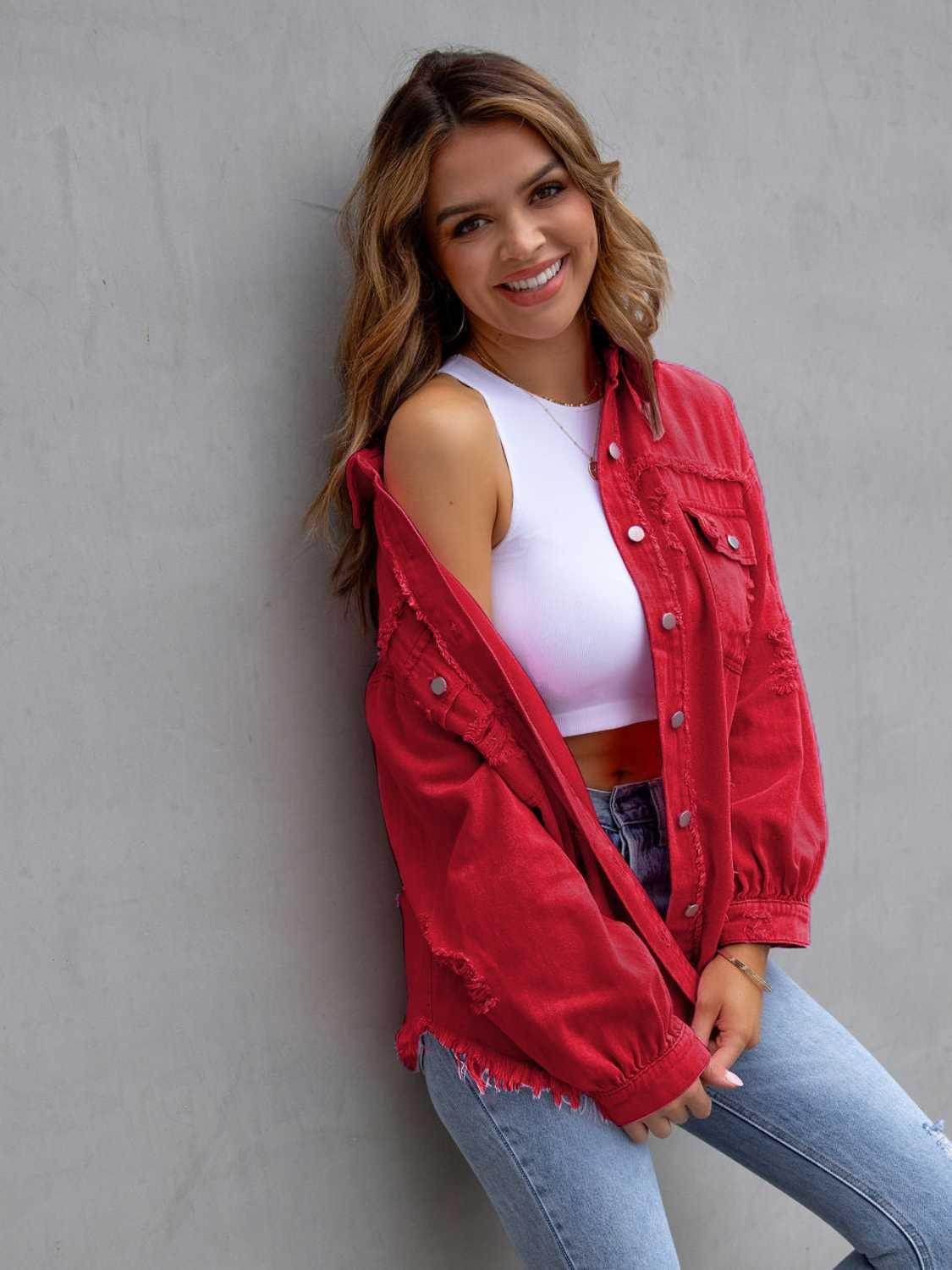 Distressed Drop Shoulder Denim Jacket for Casual Style