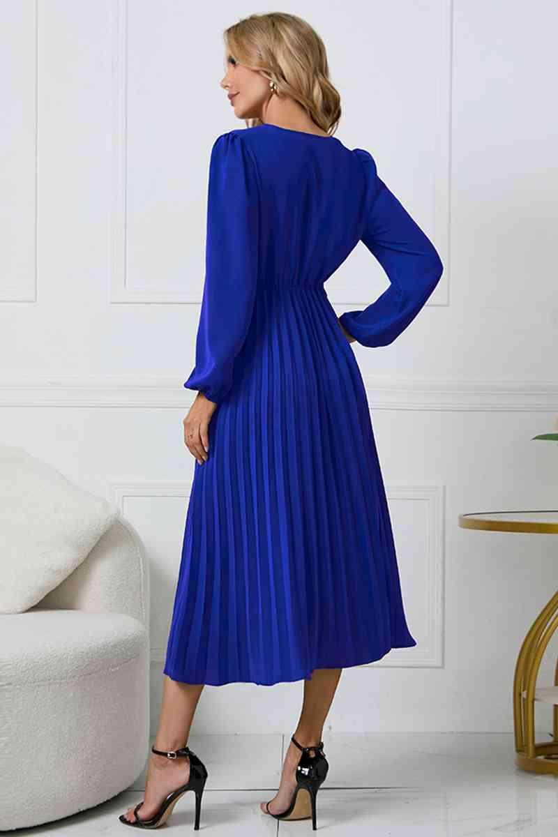 V-Neck Long Sleeve Tie Waist Midi Dress for Women