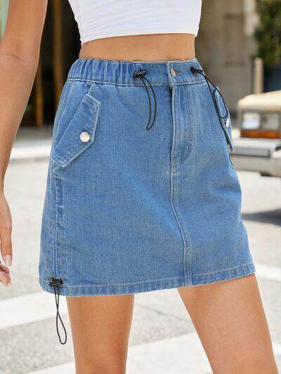 Drawstring Denim Skirt with Pockets for Women Casual Wear