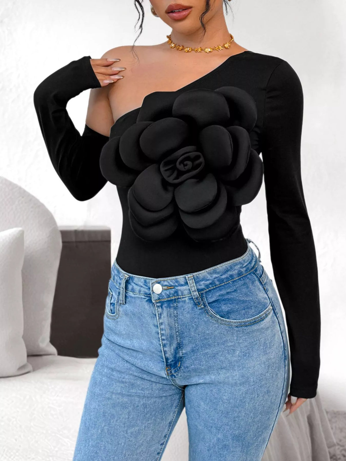 Flower Long Sleeve Single Shoulder Bodysuit