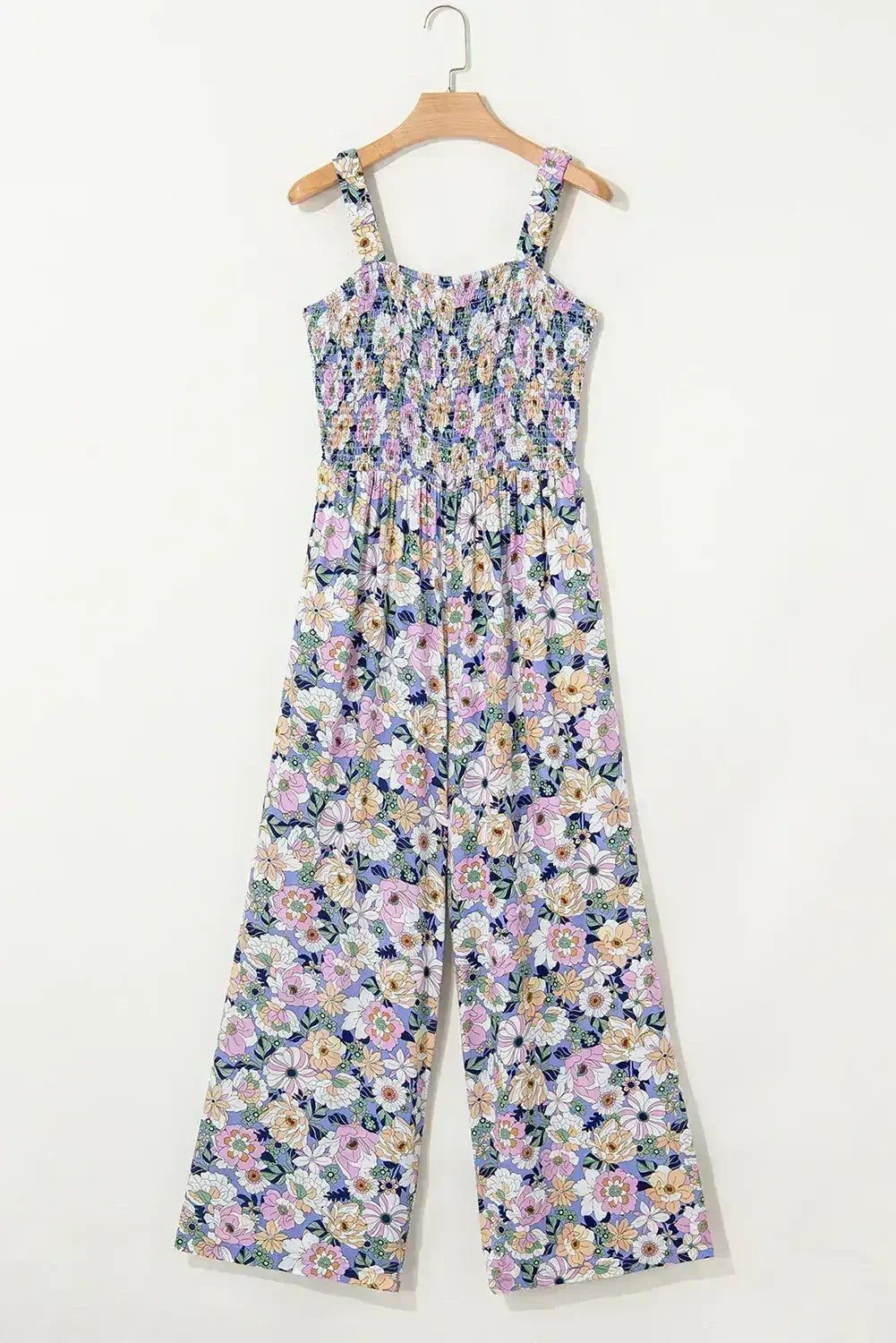 Purple Floral Square Neckline Stretch High Waist Jumpsuit