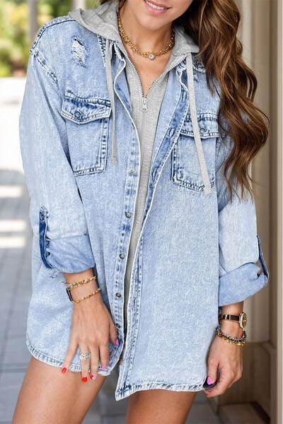 Distressed Button Up Long Sleeve Denim Jacket for Women