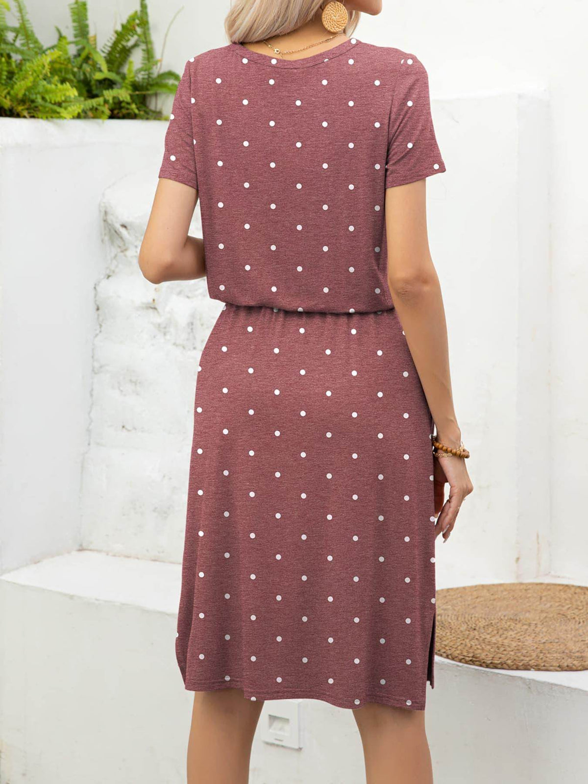 Round Neck Short Sleeve Slit Dress with Pockets for Women