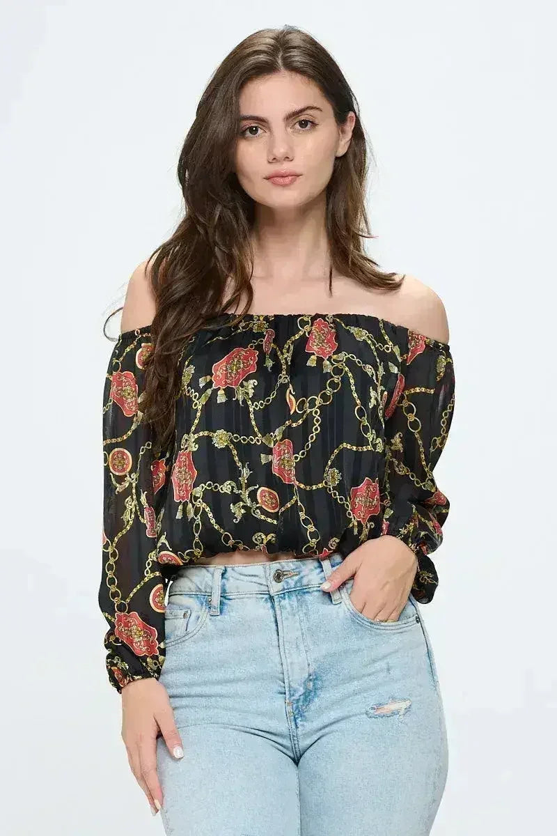 Off-Shoulder Chain Print Crop Top - Red & Black Chiffon Blouse - Femstylo