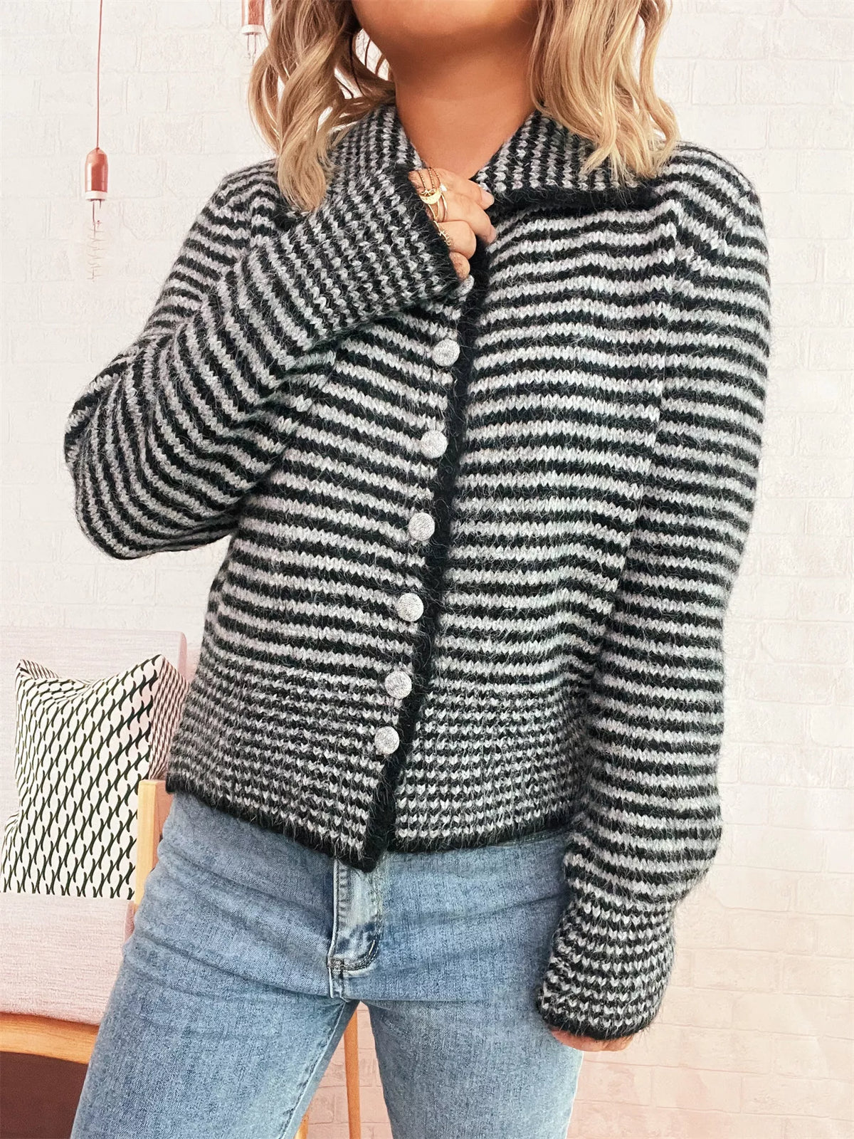 Striped Button-Up Long Sleeve Cardigan