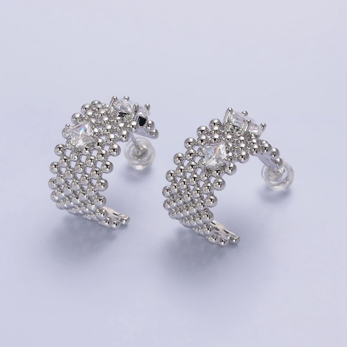 Chunky Gold Beaded Hoop with Clear Rhombus Cz Stone Earring AB598 AB976
