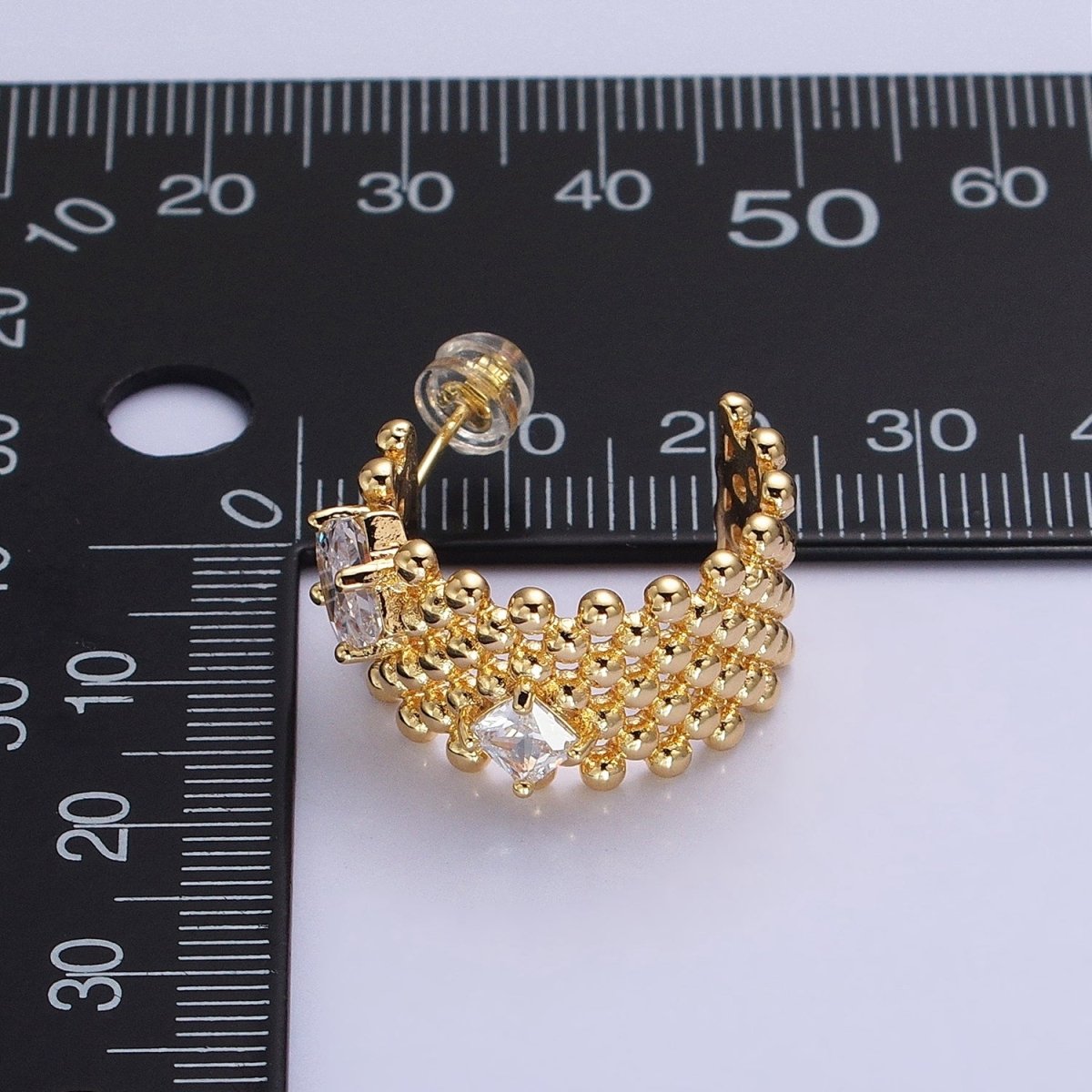 Chunky Gold Beaded Hoop with Clear Rhombus Cz Stone Earring AB598 AB976