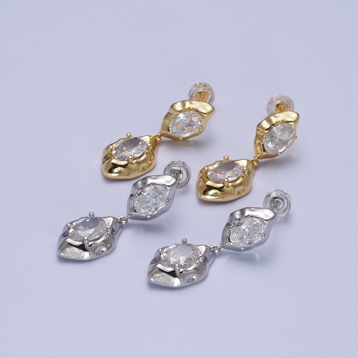 Clear Cubic Zirconia Abstract Drop Dangle Stud Earrings in Gold & Silver | AE1091 AE1092