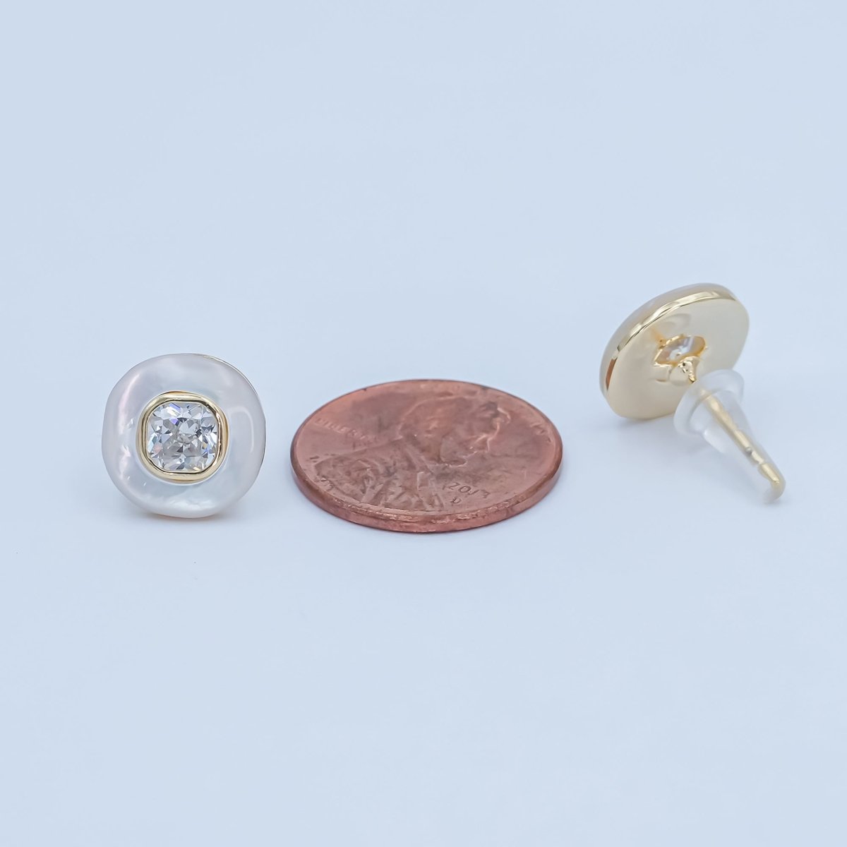Clear CZ Shell Pearl Square Stud Earrings in Gold & Silver | AE1044 AE1045