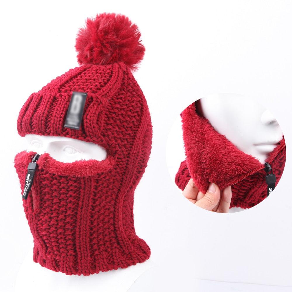 Coral Fleece Winter Women Knitted Hats Add Fur Warm Winter Hats For Women With Zipper Keep Face Warmer Balaclava Pompoms Cap Balaclava Gorgas Bonnet Knitted Hat Windproof Ski Mask Cold Weather Face Mask Motorcycle Balaclava Hood Warmer Winter Sports Cap
