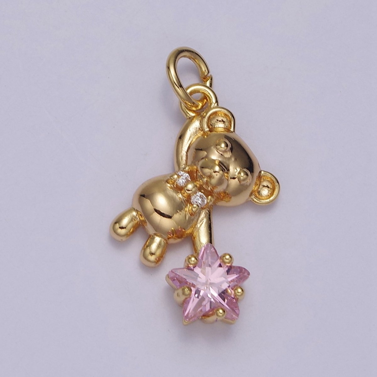 14K Gold Filled Pink, Clear CZ Star Teddy Bear Charm | C758 C874