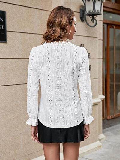 Lace Detail Eyelet V-Neck Flounce Sleeve Blouse for Women