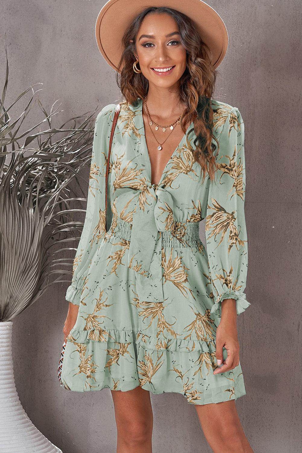 Floral Deep V Flounce Sleeve Mini Dress for Casual Chic