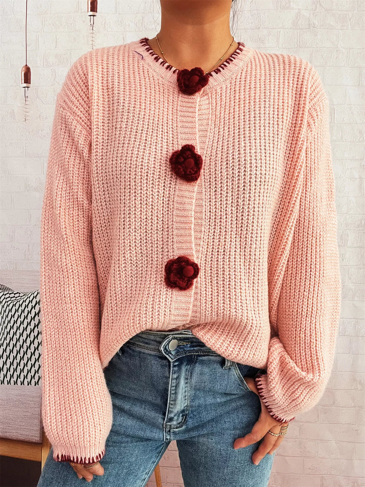 Flower Button Long Sleeve Cardigan