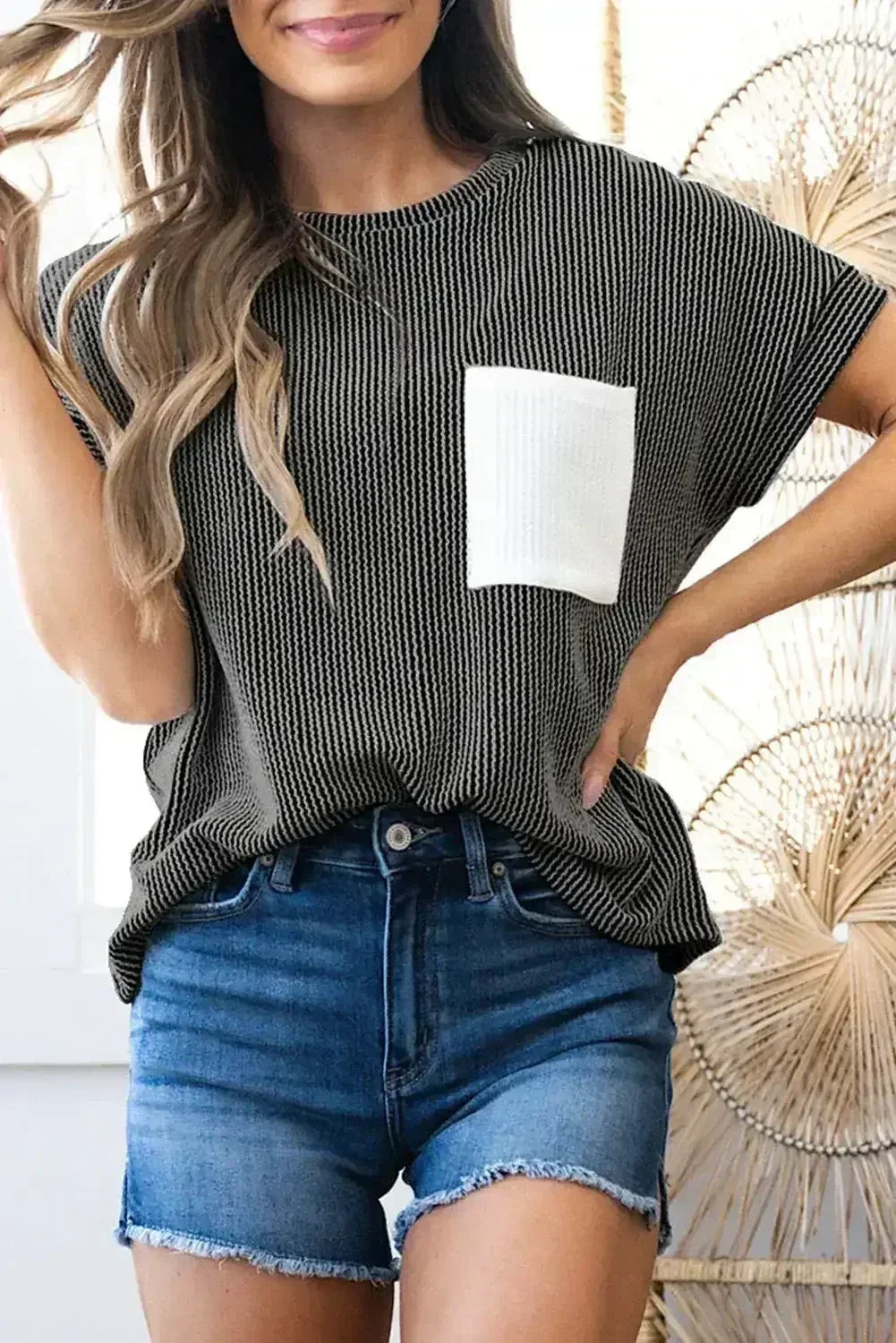 Pink Corded Colorblock Pocket Crew Neck T Shirt