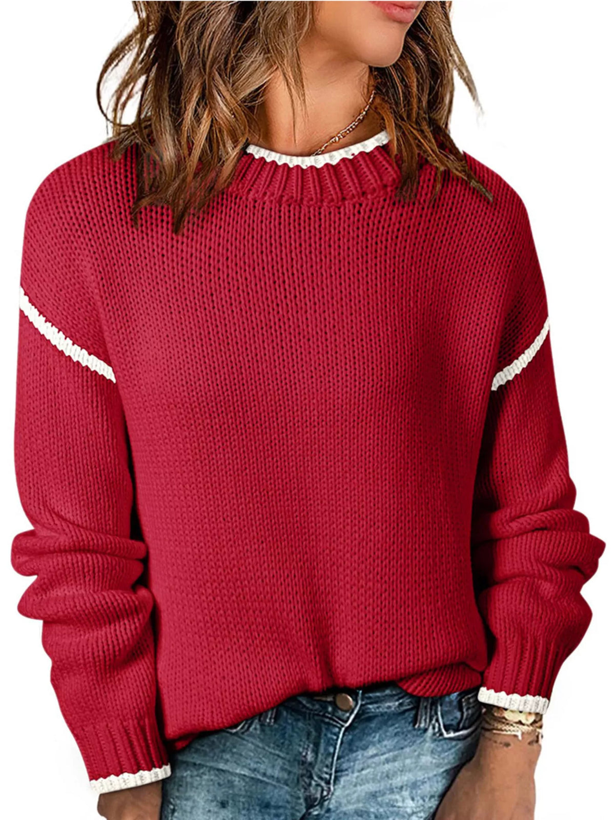 Contrast Trim Long Sleeve Sweater