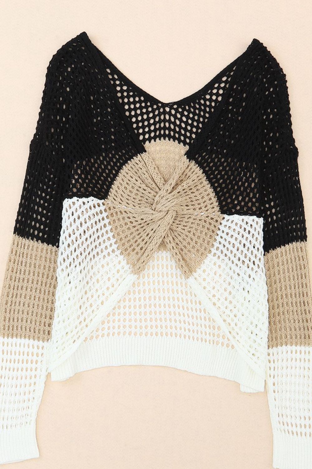 Back To School Sweater - Twisted Back Color Block Long Sleeve Knit Cover Up