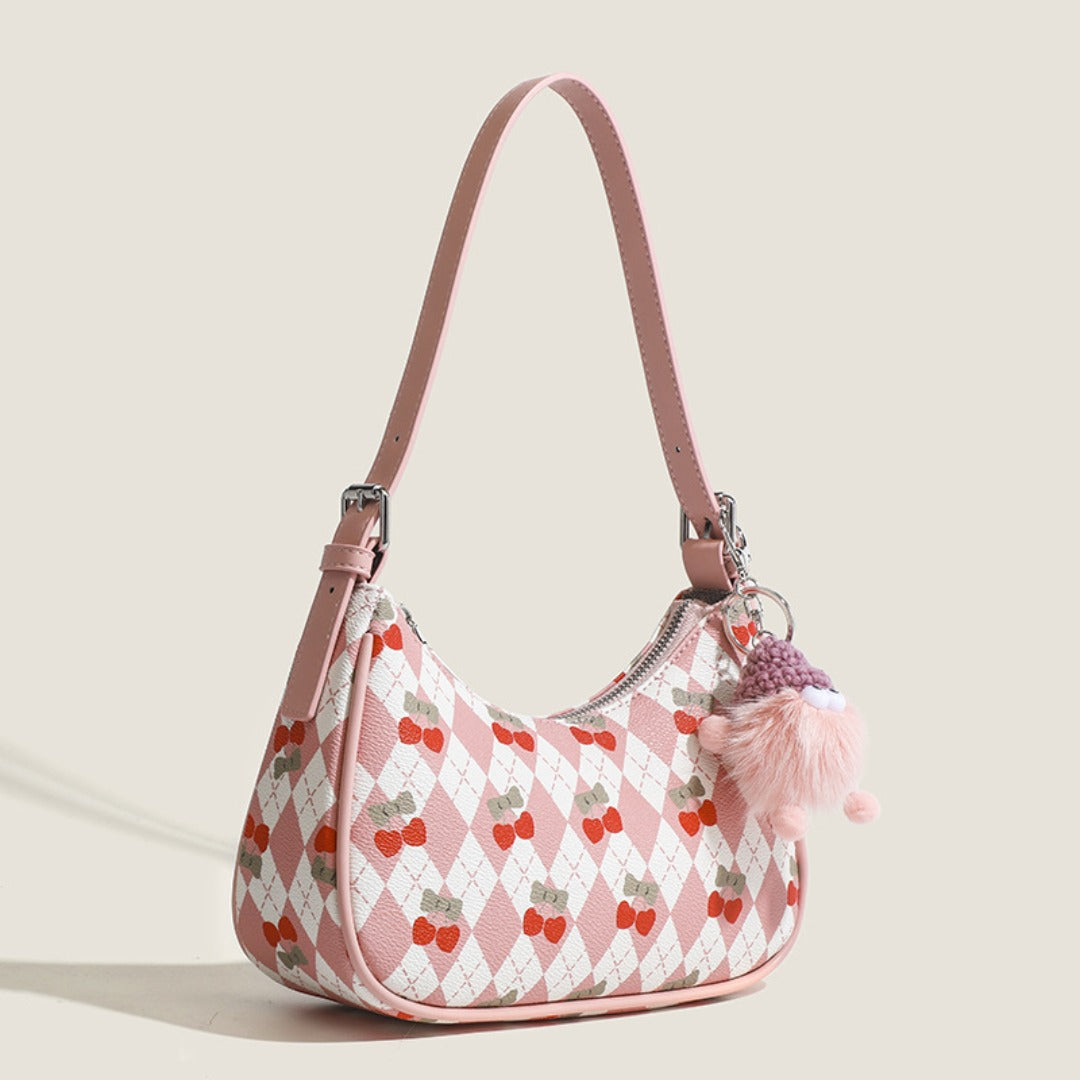 Small versatile shoulder bag, cute cherry pattern shoulder bag, top handle bag, crescent bag hobo