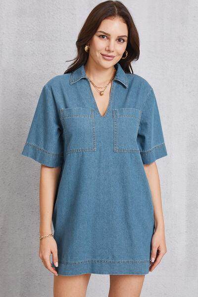Stylish Pocketed Collared Neck Mini Denim Dress for Women
