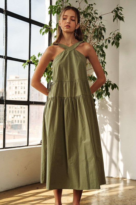 New Summer Crisscross Wide Strap Drawstring Detail Midi Dress For Women – Chic, Sophisticated, Adjustable, Perfect Dress for Casual to Semi-Formal Occasions