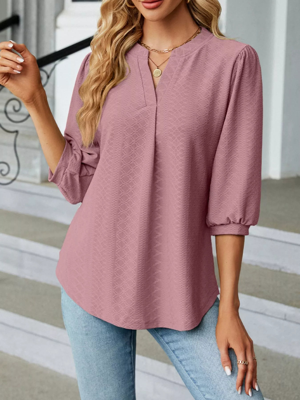 Notched 3/4 Sleeve Casual Top