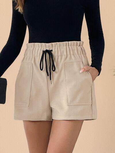 Perfee Frill Drawstring Shorts With Pockets For Women