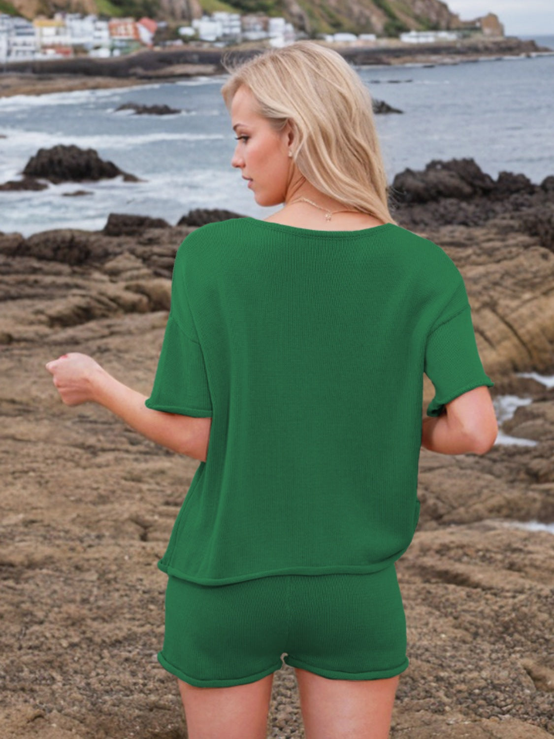 Round Neck Short Sleeve Top and Shorts Sweater Set